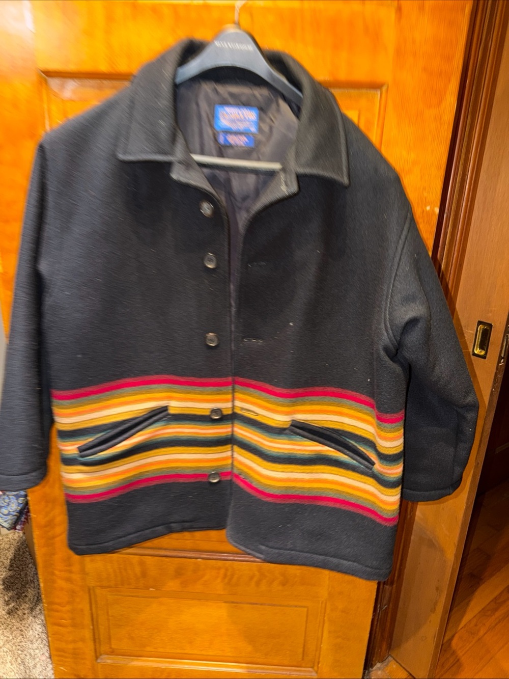 Pendleton Black Wool Kids Pea Coat with Multicolor Stripes
